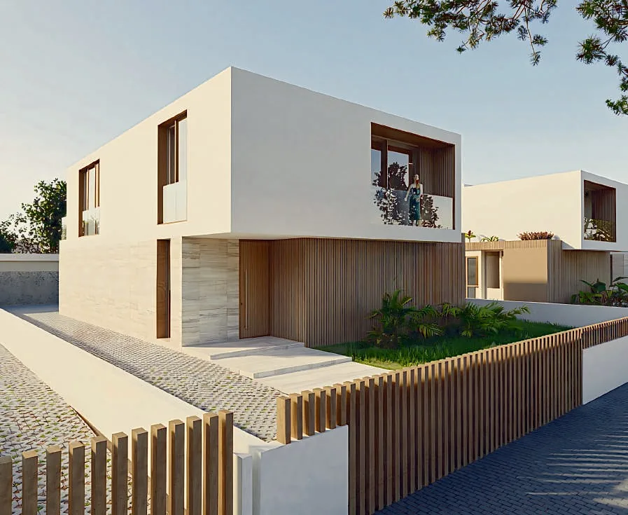 Render · Moradia unifamiliar — fachada e volumes