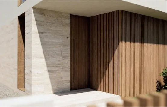 Detalhe de entrada — moradia nova no empreendimento Várzea Tejo, Moita