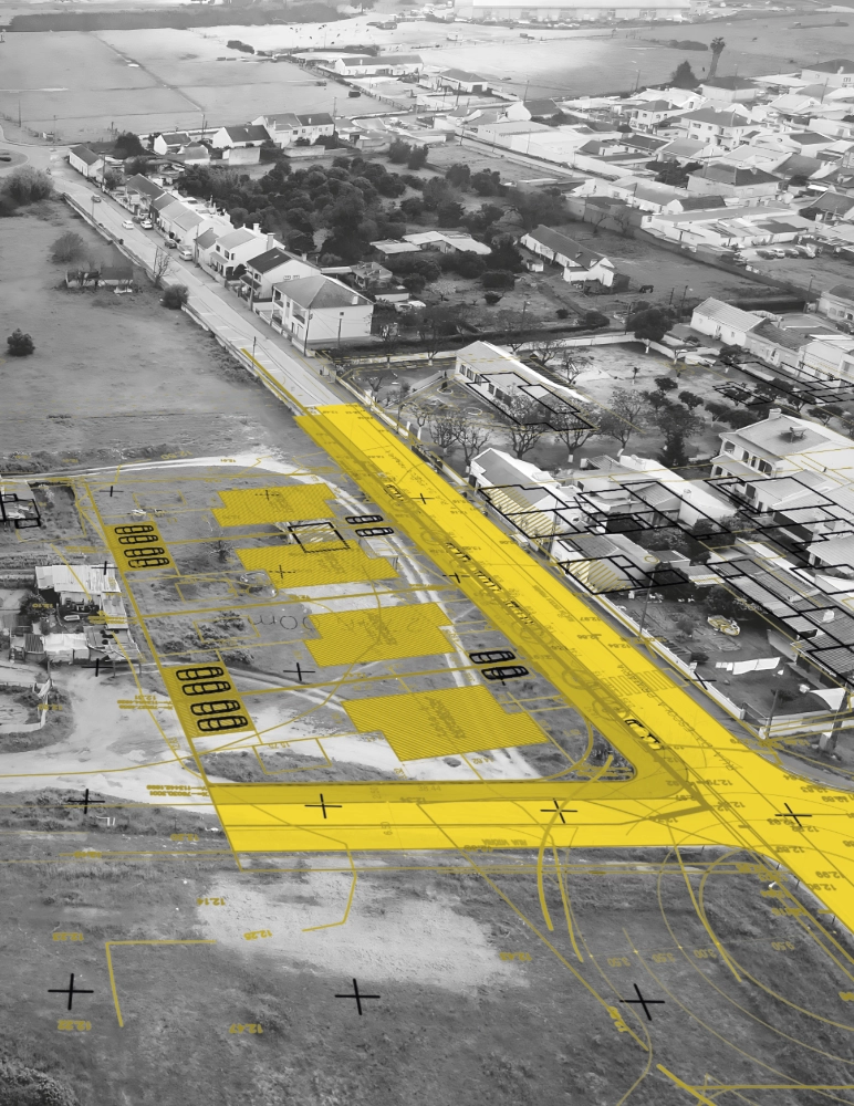 Implantação proposta sobre vista aérea — quatro lotes, frente urbana definida